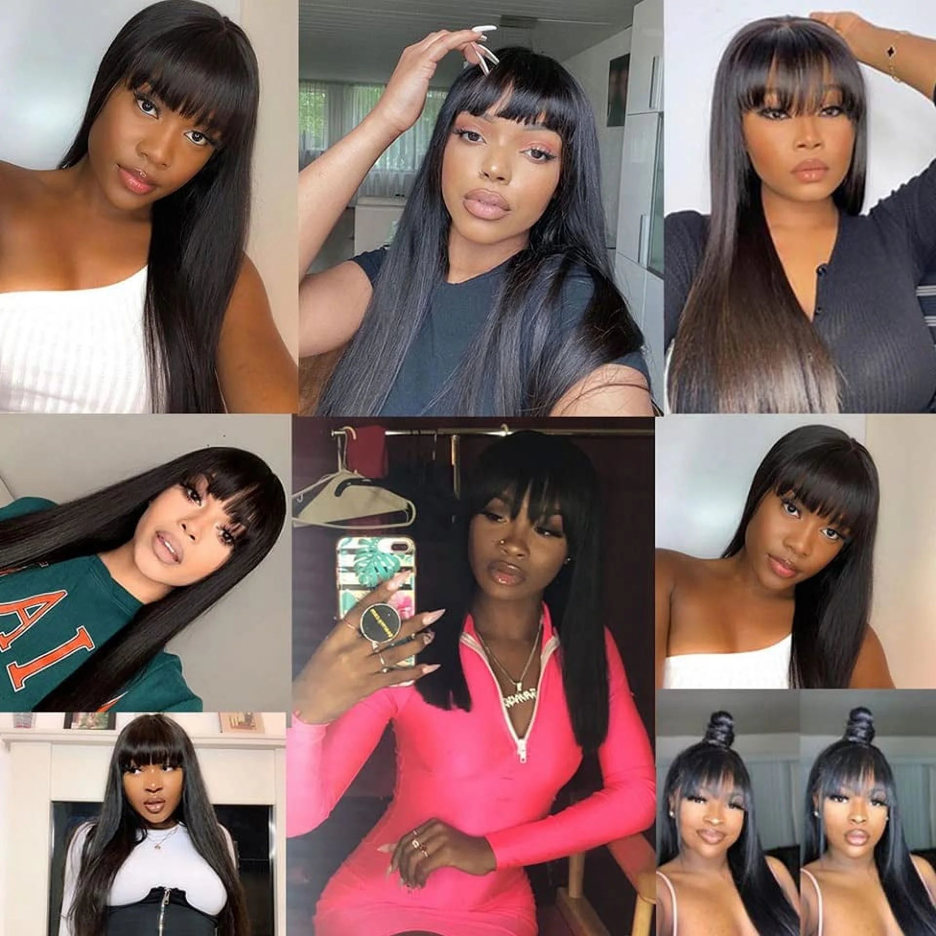 Silky Bone Straight Human Hair Wigs with Bangs None Lace Front Wigs for Women 180% Density Unprocessed Brazilian Virgin Human Hair Wigs Machine Made Glueless Wigs 16Inch