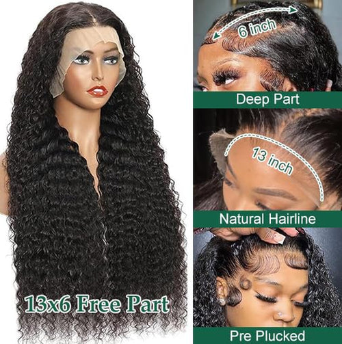 13X6 Deep Wave Lace Front Wigs Human Hair 200% Density 24 Inch Curly Human Hair Wig for Women Natural Black HD Transparent Lace Glueless Frontal Wigs Pre Plucked Natural Color