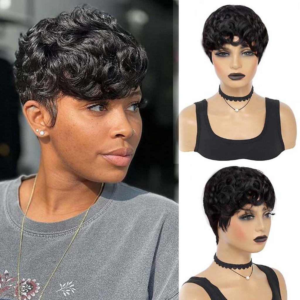 Flandi Human Hair Short Pixie Cut Wigs for Black Women, Glueless, Pre-Plucked...