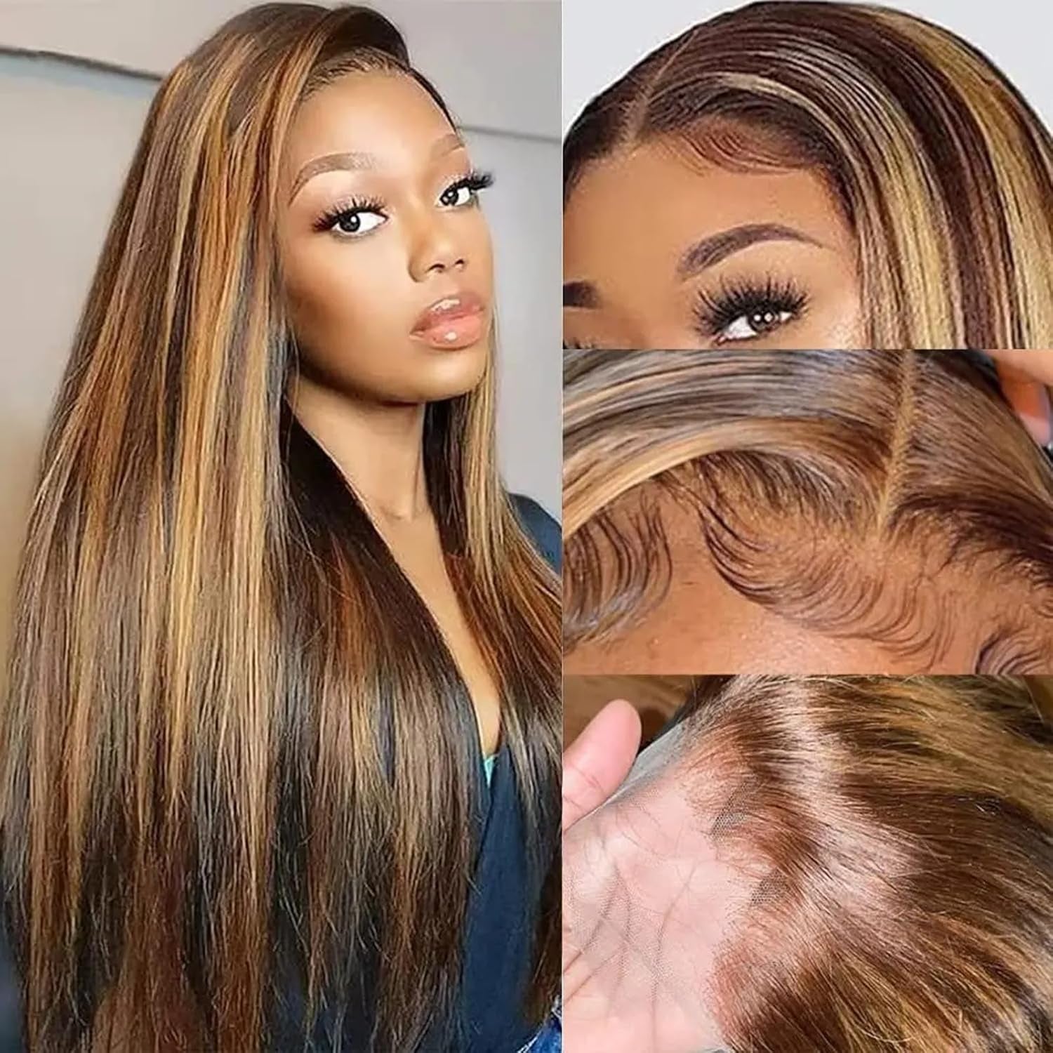 Honey Blonde 13X4 HD Lace Front Wig Human Hair Highlight Straight Lace Frontal Wigs Human Hair Pre Plucked 20 Inch 180 Density Ombre Wigs for Women P4/27 Colored Glueless Wig with Baby Hair