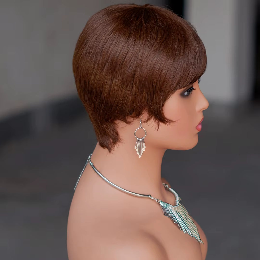 Short Brown Wig Chocolate Brown Human Hair Wigs Short Pixie Cut Wigs with Bangs Cheap Full Machine Brazlian Hair Wigs on Sale