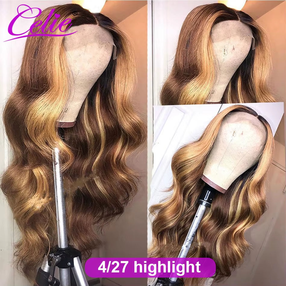 Glueless Highlight Wig Human Hair Body Wave HD Transparent Ombre Colored Human Hair Wigs 4 27 Honey Blonde Lace Front Wig