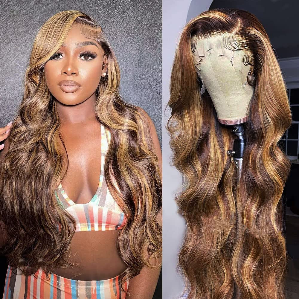 30 Inch Honey Blonde HD Lace Front Wigs Human Hair, 180% Density, 4/27 Color, Body Wave, Pre Plucked, Adjustable Strap Cap, Wavy, Thick, Tangle Free, Natural, WIG