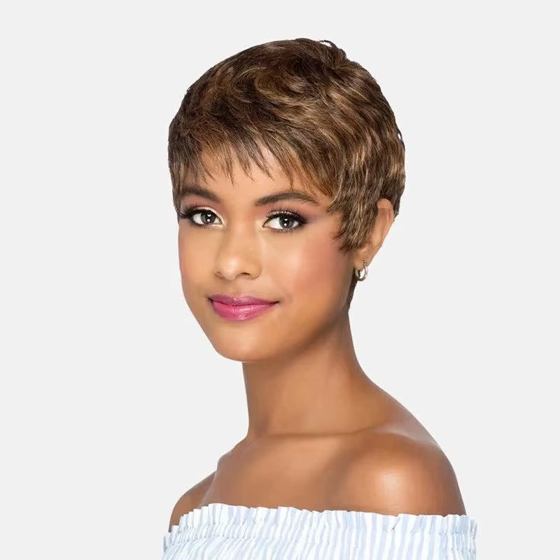 Short Brown Wig Chocolate Brown Human Hair Wigs Short Pixie Cut Wigs with Bangs Cheap Full Machine Brazlian Hair Wigs on Sale