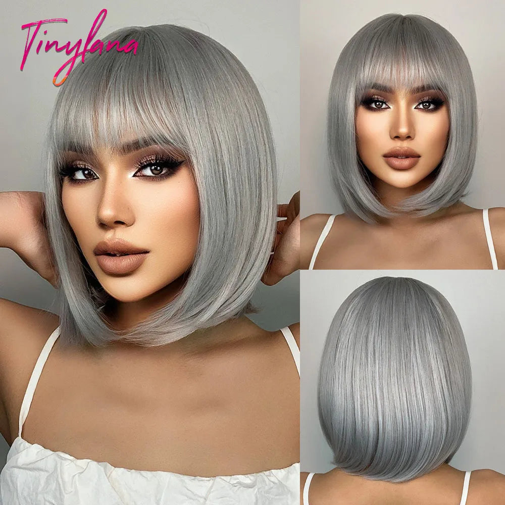 White Blonde Gray Synthetic Wigs with Bangs Short Straight Bob Hair Wig for Women Cosplay Daily Natural Hair Heat Resistant