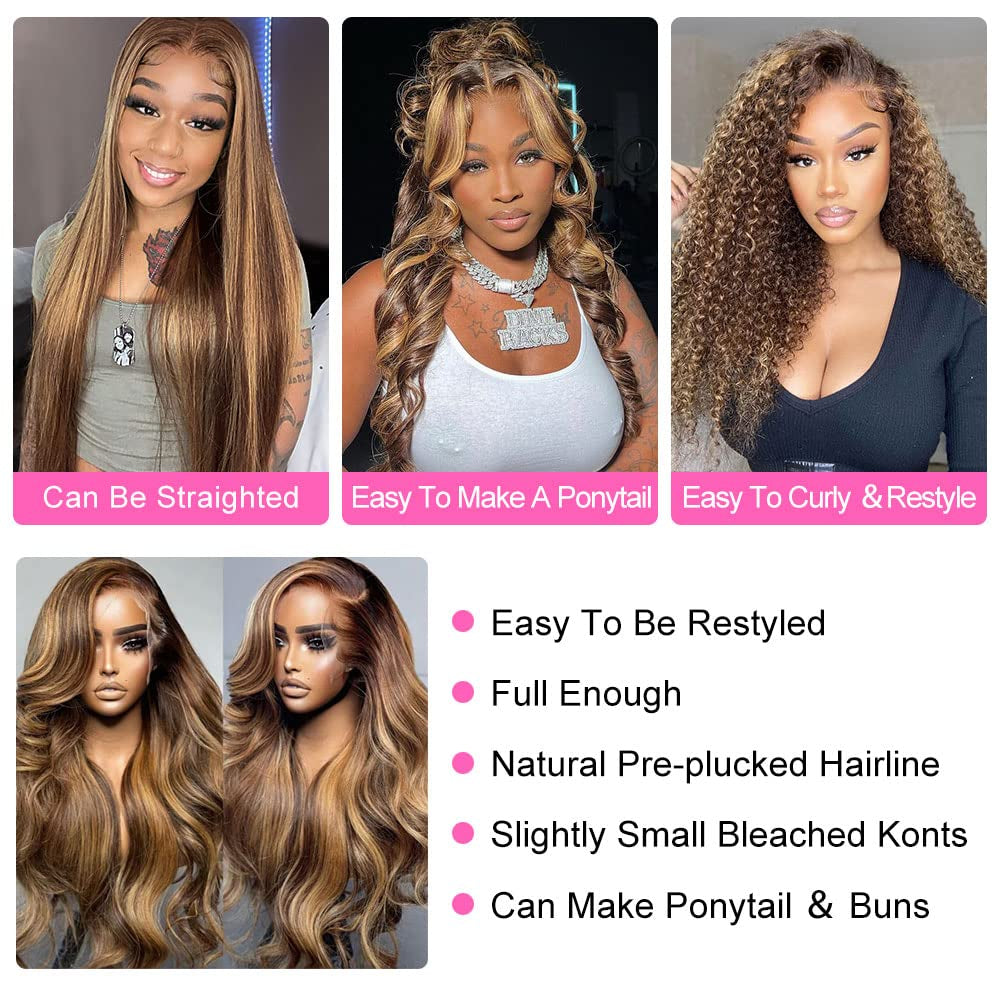 30 Inch Honey Blonde HD Lace Front Wigs Human Hair, 180% Density, 4/27 Color, Body Wave, Pre Plucked, Adjustable Strap Cap, Wavy, Thick, Tangle Free, Natural, WIG