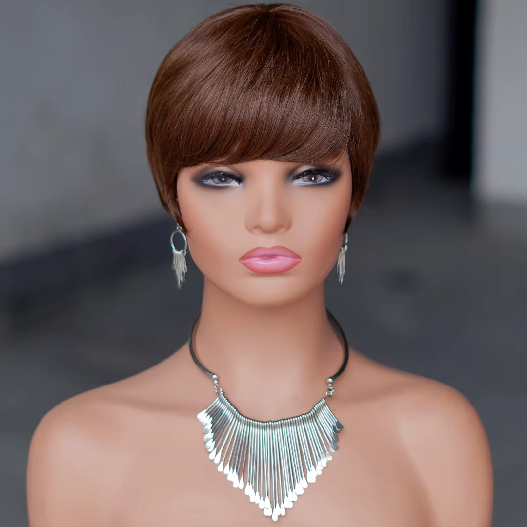 Short Brown Wig Chocolate Brown Human Hair Wigs Short Pixie Cut Wigs with Bangs Cheap Full Machine Brazlian Hair Wigs on Sale