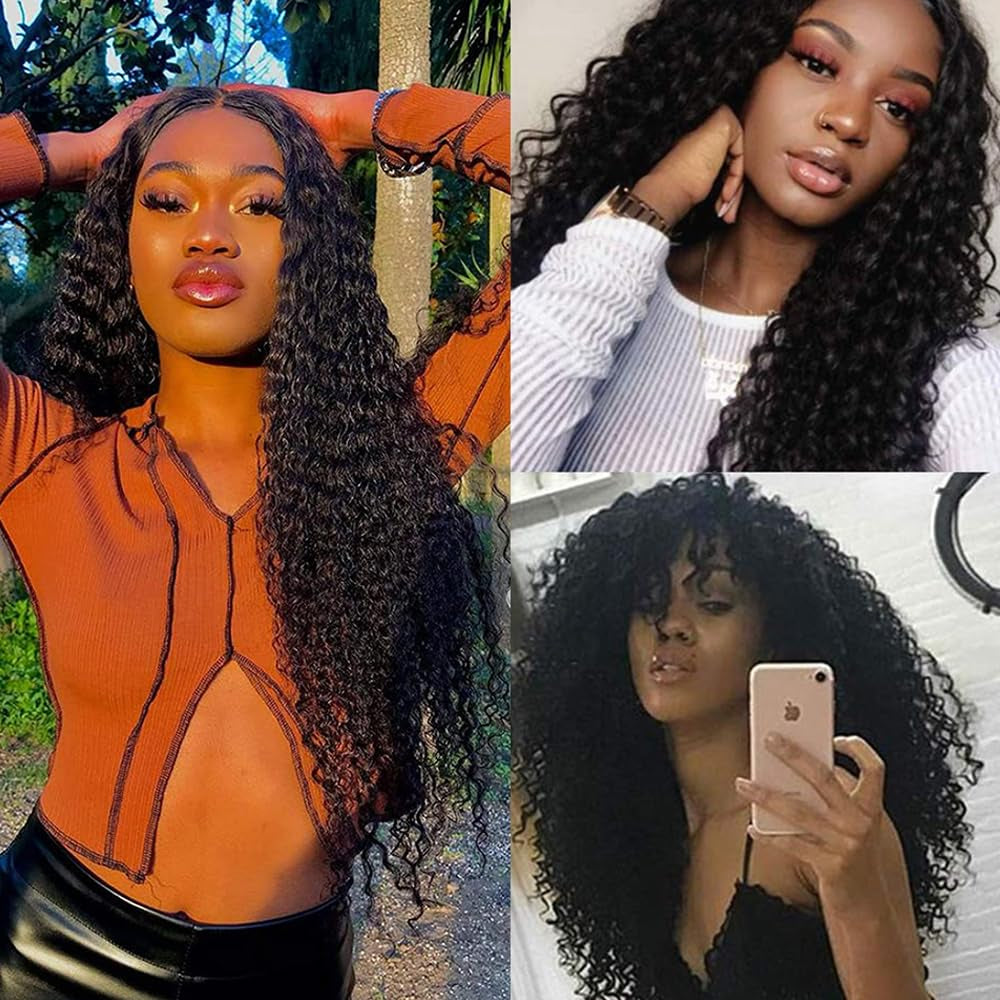Kinky Curly Lace Front Wigs Human Hair 28 Inch Curly Wigs Human Hair 4X4 Lace Closure Kinky Curly Wigs Bleached Knots Middle Part Natural Black Color Pre Plucked with Natural Hairline
