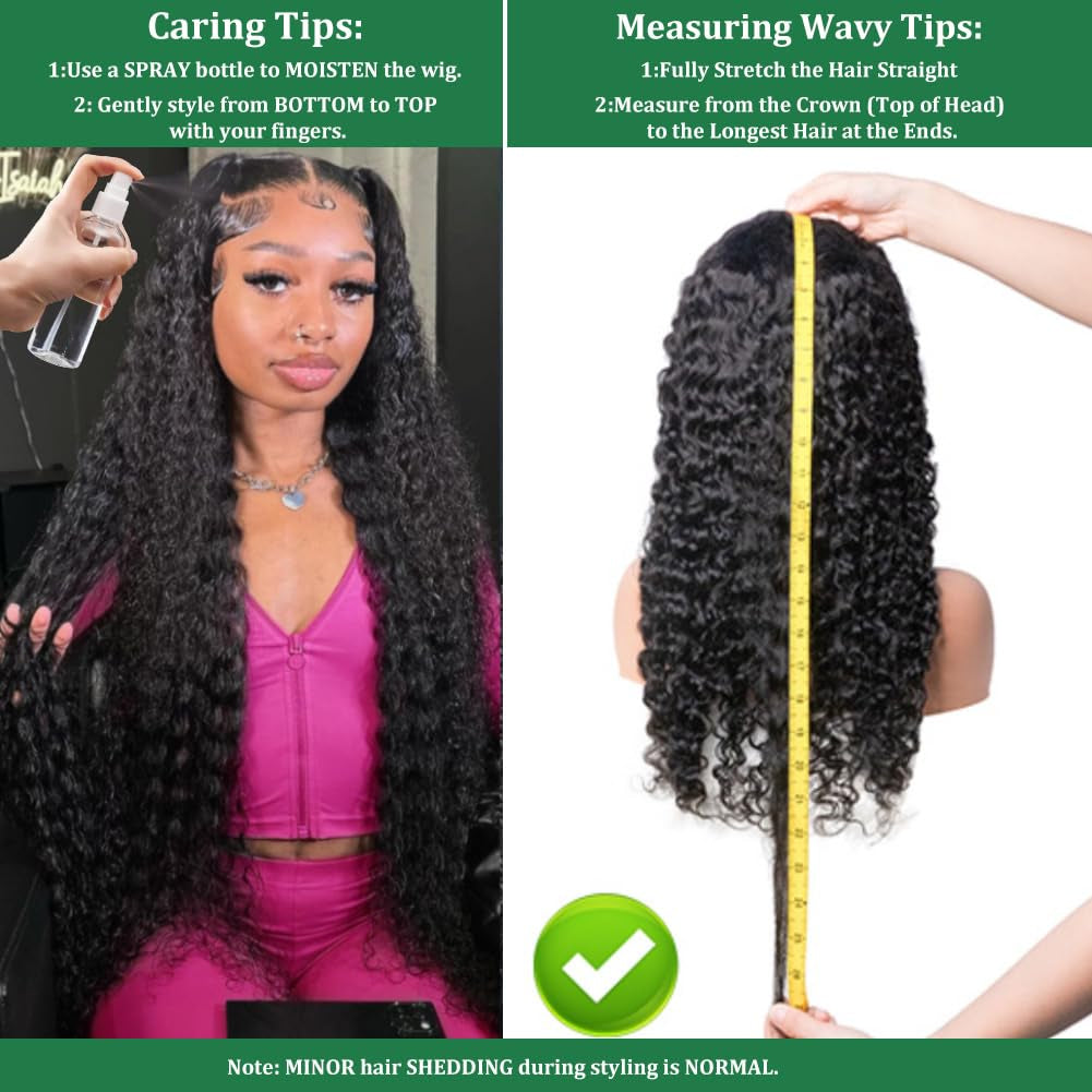 13X6 Deep Wave Lace Front Wigs Human Hair 200% Density 24 Inch Curly Human Hair Wig for Women Natural Black HD Transparent Lace Glueless Frontal Wigs Pre Plucked Natural Color