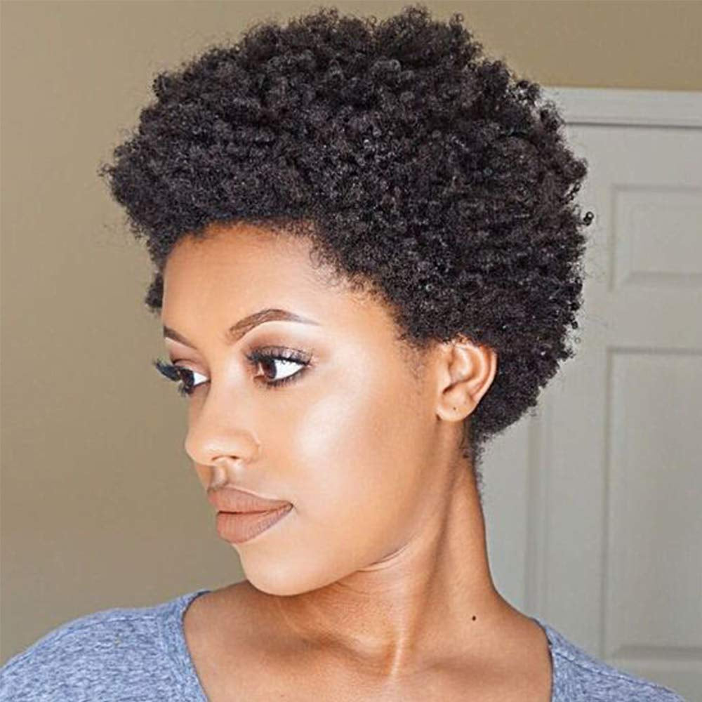 Short Afro Kinky Curly Wigs - 100% Human Hair Pixie Cut Wigs, Brazilian Virgin Hair, Natural Color