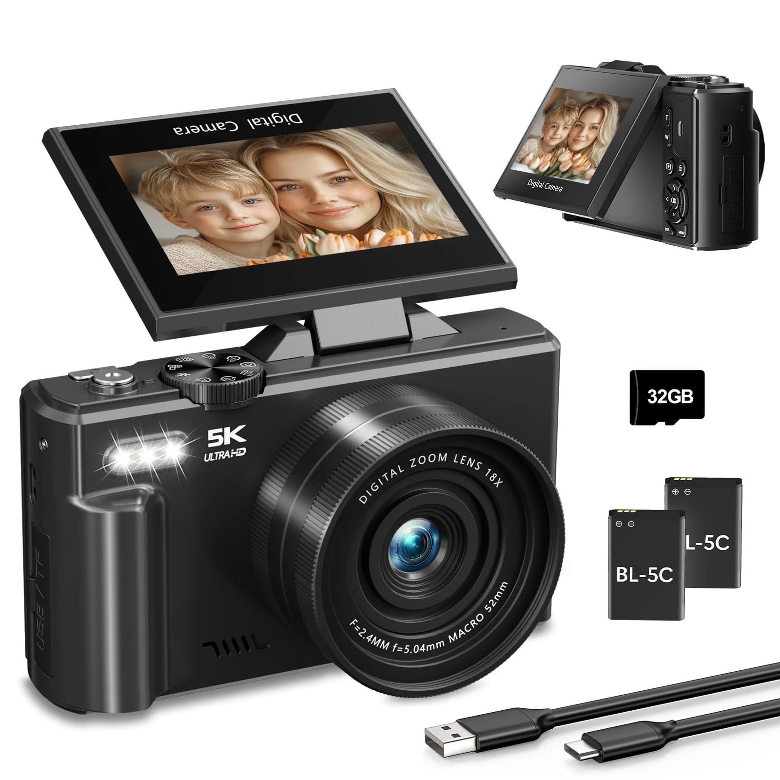 Digital Camera 5K 75MP Wifi Vlogging Cameras for You Tube 3''180° Flip Screen 18X Zoom with 32GB Card for Beginners Black