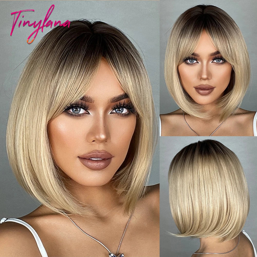 White Blonde Gray Synthetic Wigs with Bangs Short Straight Bob Hair Wig for Women Cosplay Daily Natural Hair Heat Resistant