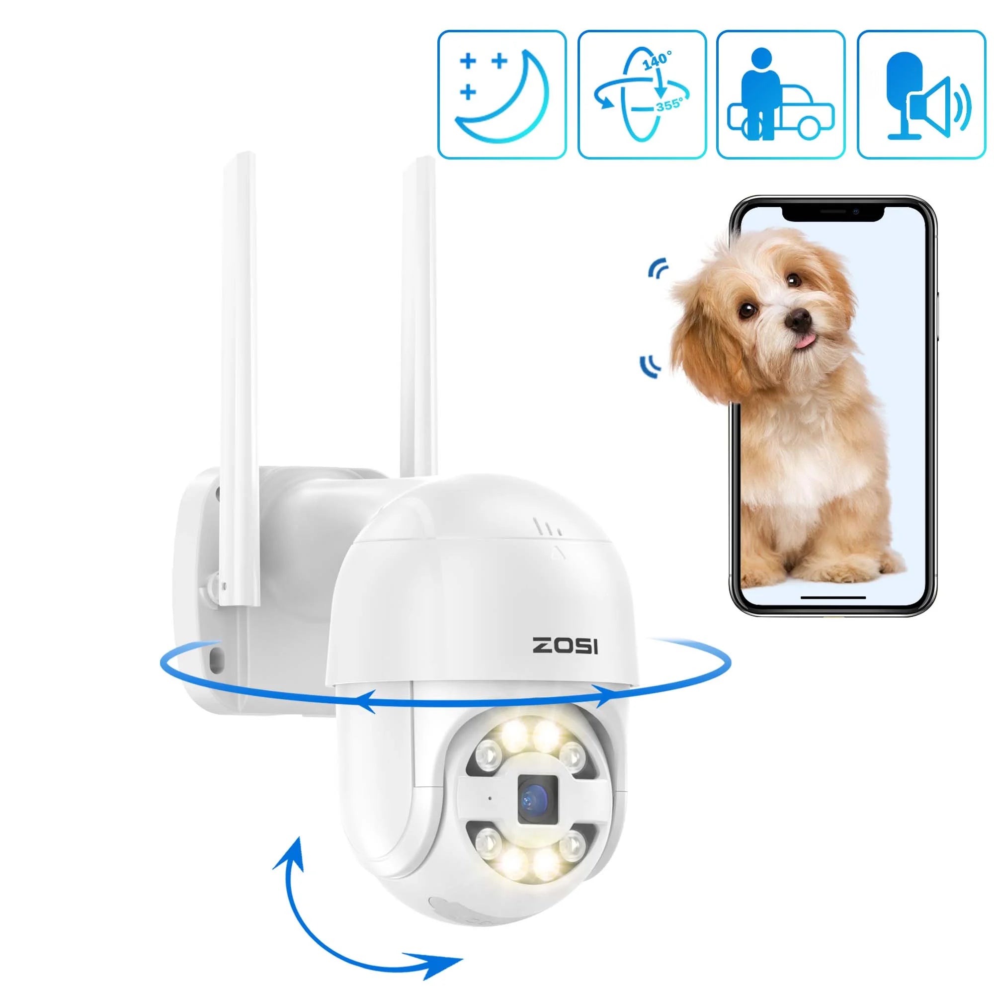 Security Camera Wifi,  3MP PTZ Wifi Security Camera with Audio, 360° View, Spotlight & Siren, Color Night Vision, Outdoor Security Camera