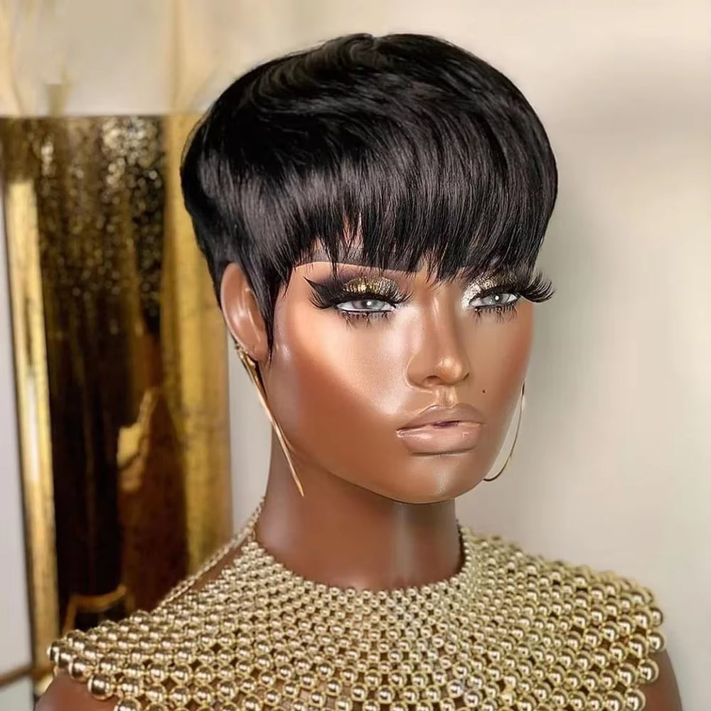 Short Straight Bob Wig Pixie Cut Wig Human Hair for Black Women with Bangs Brazilian Virgin Hair Full Machine Cheap Wig Black