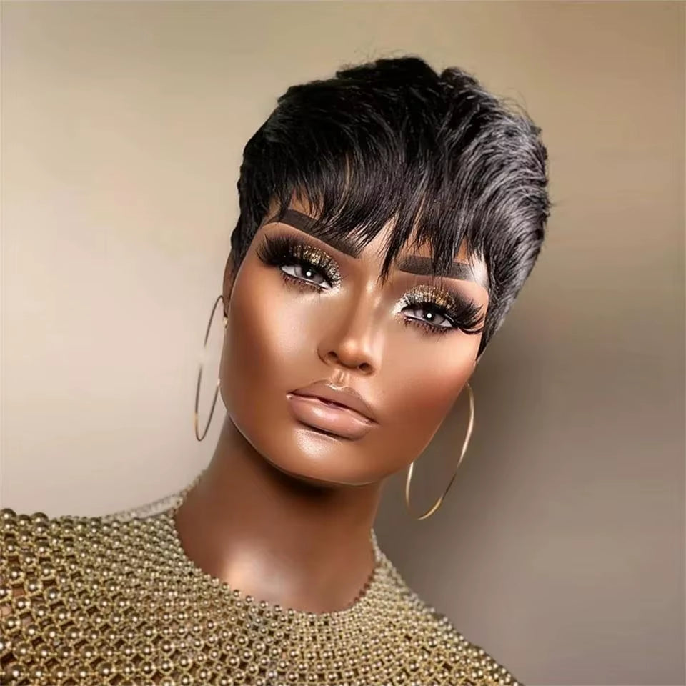 Short Straight Bob Wig Pixie Cut Wig Human Hair for Black Women with Bangs Brazilian Virgin Hair Full Machine Cheap Wig Black