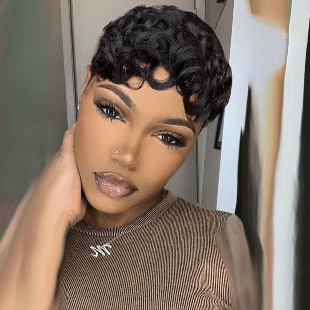 Flandi Human Hair Short Pixie Cut Wigs for Black Women, Glueless, Pre-Plucked...