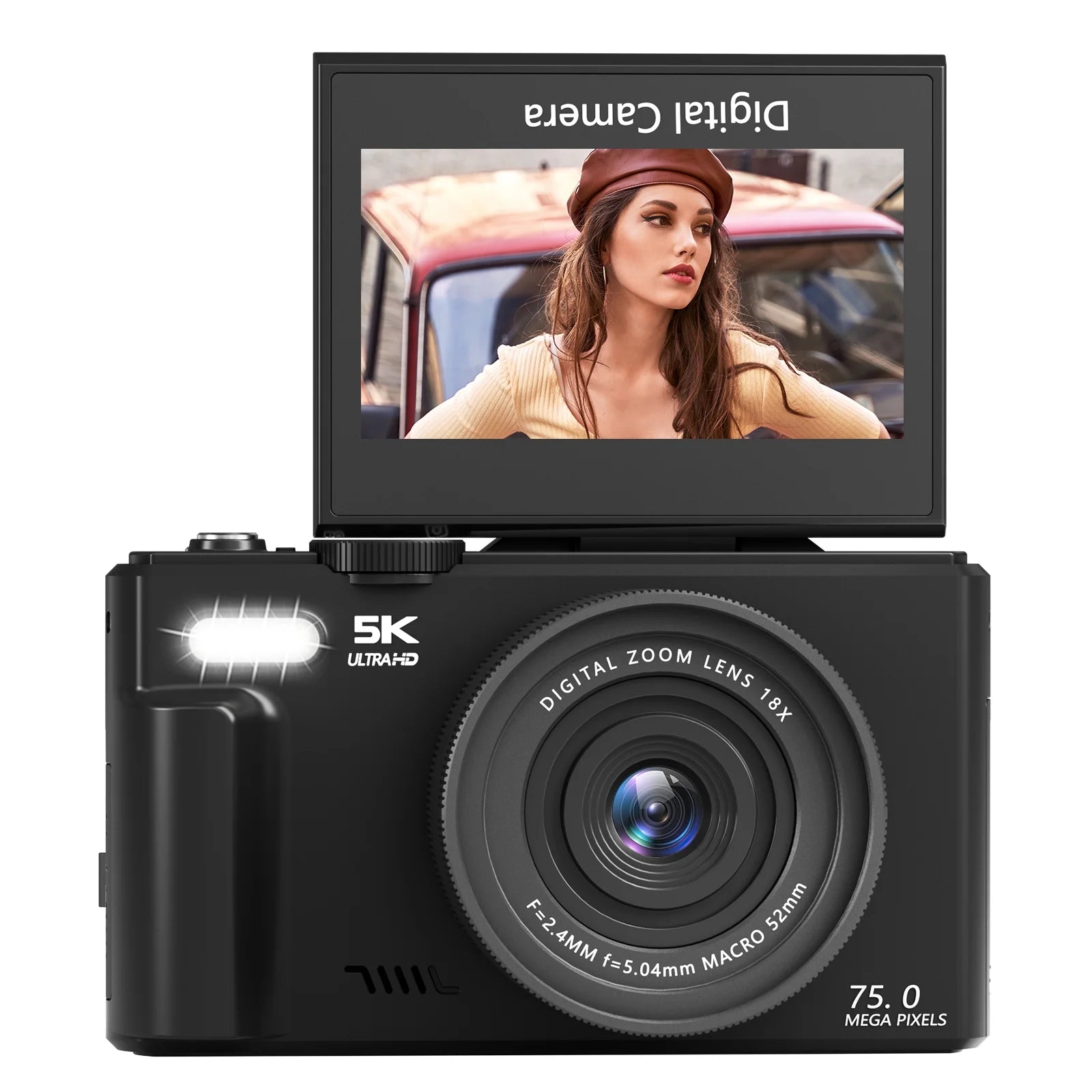 Digital Camera 5K 75MP Wifi Vlogging Cameras for You Tube 3''180° Flip Screen 18X Zoom with 32GB Card for Beginners Black
