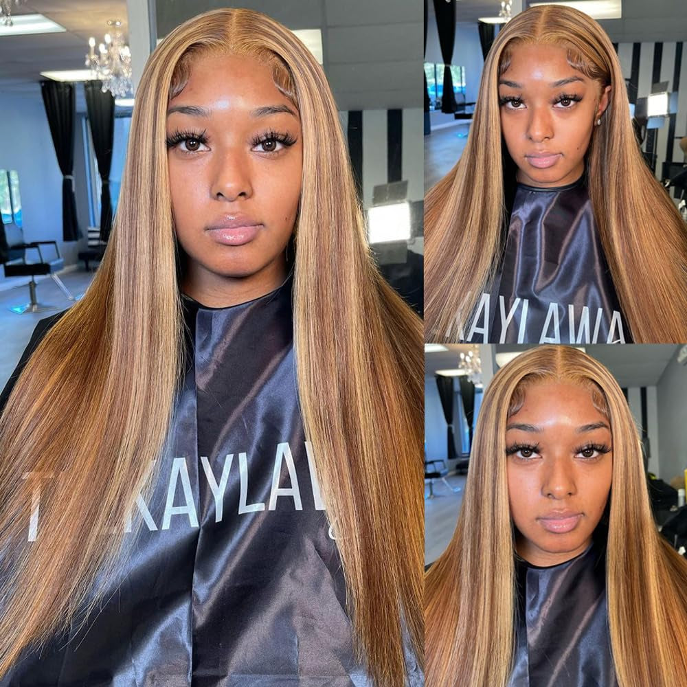Honey Blonde 13X4 HD Lace Front Wig Human Hair Highlight Straight Lace Frontal Wigs Human Hair Pre Plucked 20 Inch 180 Density Ombre Wigs for Women P4/27 Colored Glueless Wig with Baby Hair