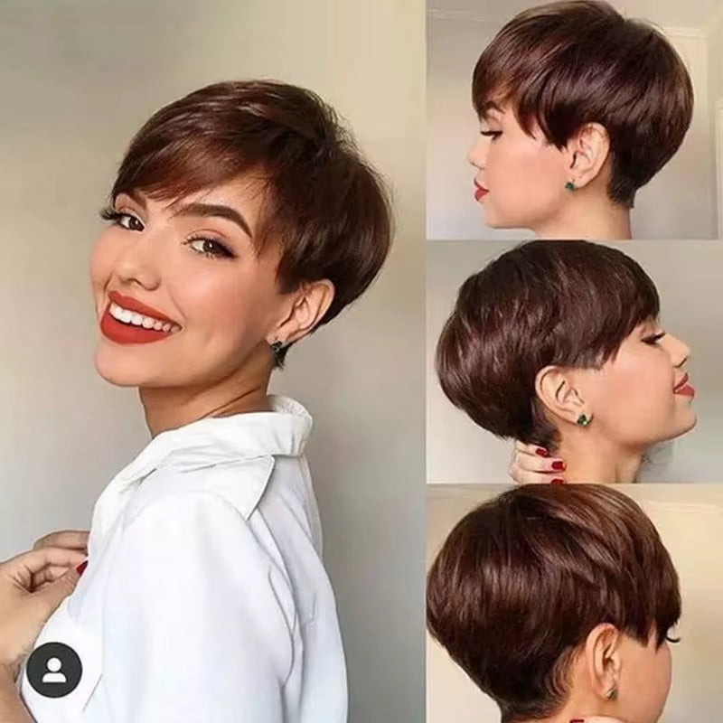 Short Brown Wig Chocolate Brown Human Hair Wigs Short Pixie Cut Wigs with Bangs Cheap Full Machine Brazlian Hair Wigs on Sale