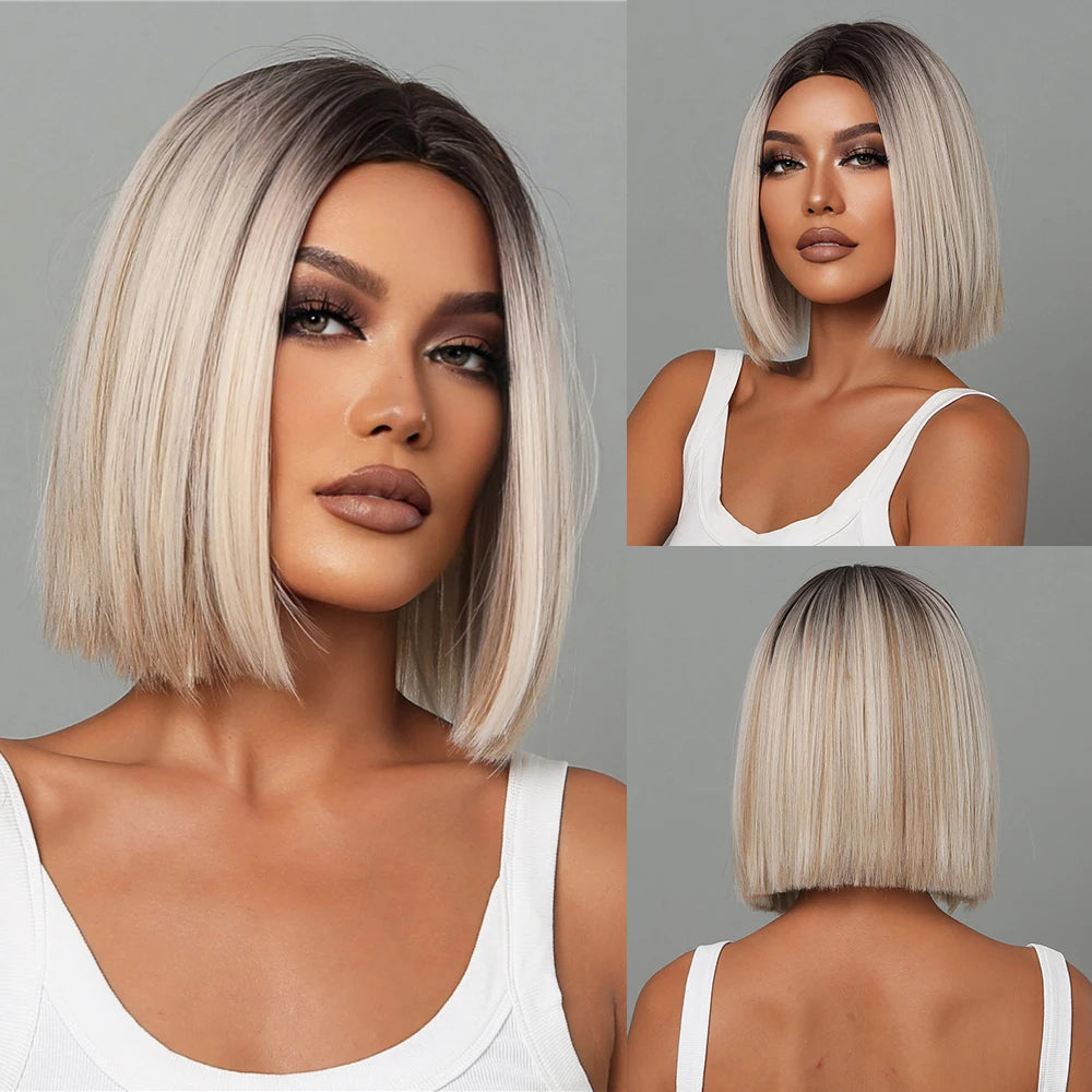 White Blonde Gray Synthetic Wigs with Bangs Short Straight Bob Hair Wig for Women Cosplay Daily Natural Hair Heat Resistant