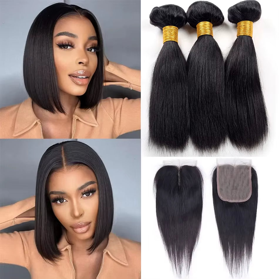 12A Malaysian Straight Bundles with Closure 3 Bundles with Closure Unprocessed Virgin Short Bob Tissage Bouclé Cheveux Humain