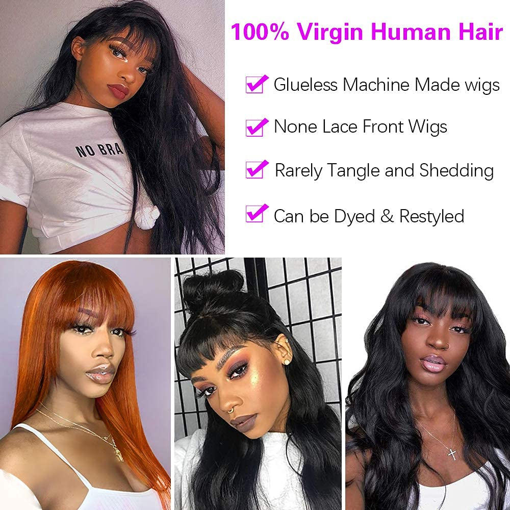 Silky Bone Straight Human Hair Wigs with Bangs None Lace Front Wigs for Women 180% Density Unprocessed Brazilian Virgin Human Hair Wigs Machine Made Glueless Wigs 16Inch