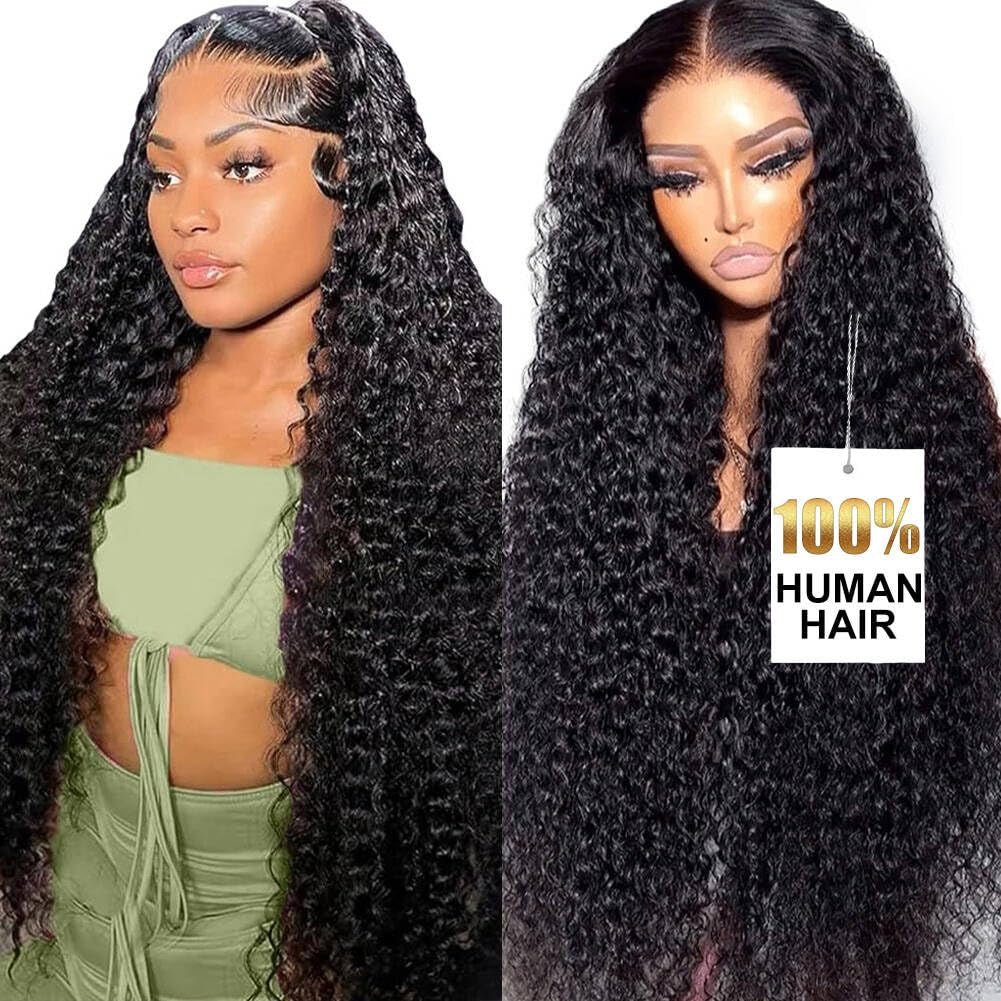 13X6 Deep Wave Lace Front Wigs Human Hair 200% Density 24 Inch Curly Human Hair Wig for Women Natural Black HD Transparent Lace Glueless Frontal Wigs Pre Plucked Natural Color