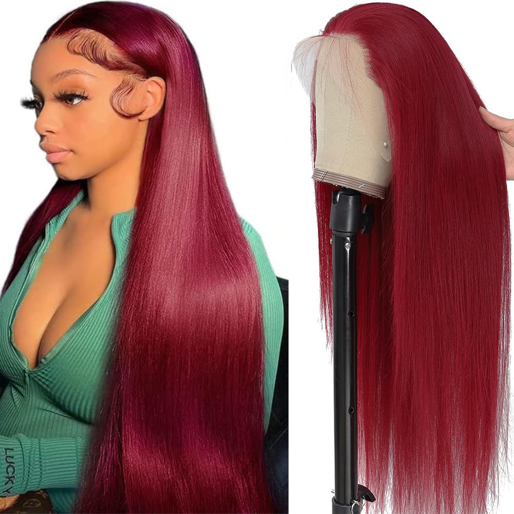 99J Lace Front Wigs Human Hair 180 Density HD Transparent Lace Human Hair Wig 13X4 Straight Human Hair Wigs with Baby Hair Virgin Human Hair Pre Plucked Natural Hairline (20Inch, Burgundy)