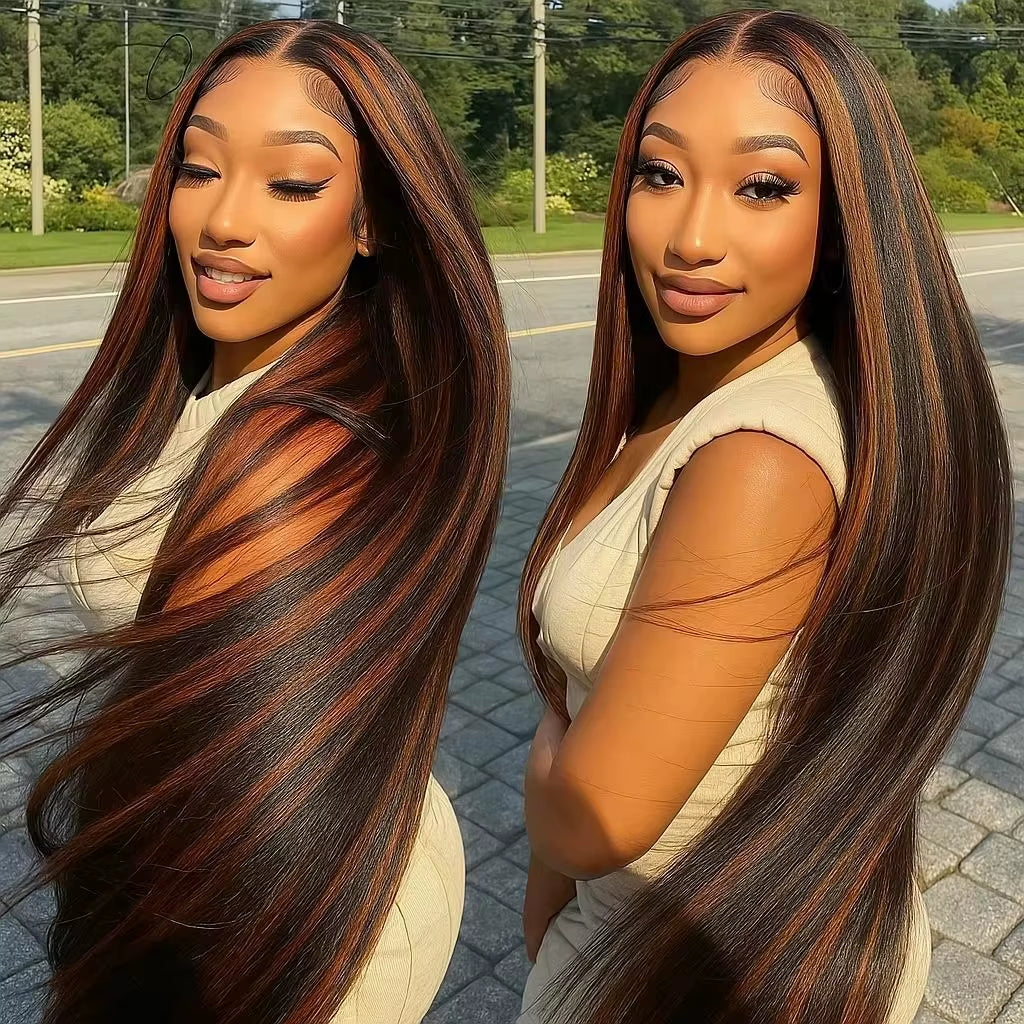 1B/30 Black and Brown Highlights Bone Straight 13X4 HD Lace Front Human Hair Wigs Brazilian Ombre Brown Colored Lace Frontal Wig