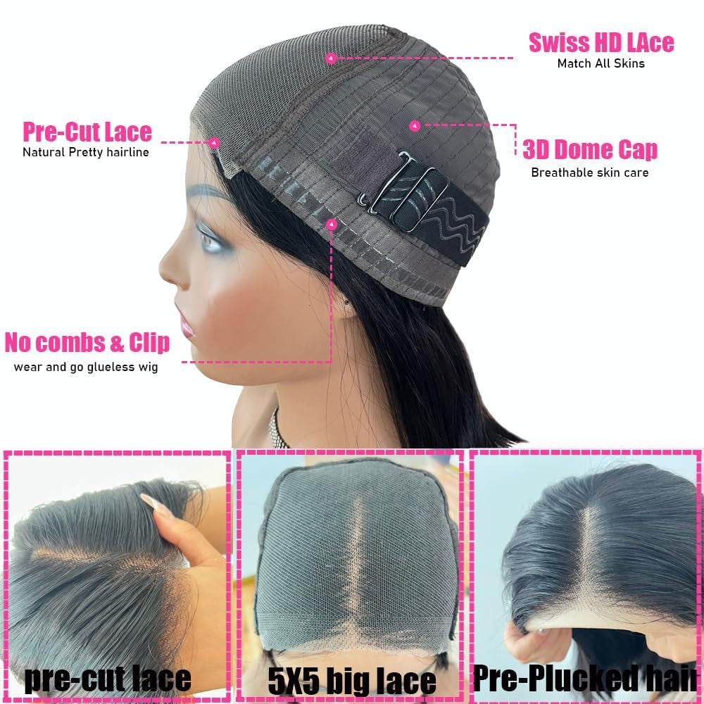 5X5 Closure Bob Wig Human Hair Body Short Bob Wig Wear and Go Glueless Wigs Transparent Lace Wig Pre Plucked for Women 150% Density Brazilian Virgin Bob Wig (5X5 Natural Color, 14 Inch)