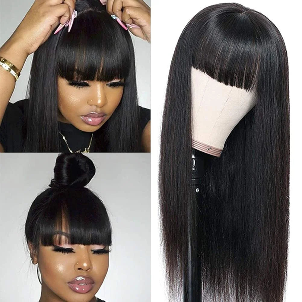Silky Bone Straight Human Hair Wigs with Bangs None Lace Front Wigs for Women 180% Density Unprocessed Brazilian Virgin Human Hair Wigs Machine Made Glueless Wigs 16Inch