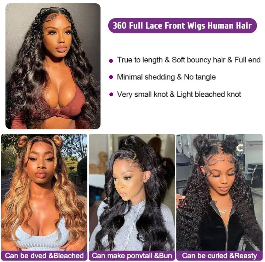 200% Density 360 Full Lace Frontal Wig Human Hair with Drawstring Nature Black Body Wave Human Hair Wig Hidden Strap Pre Plucked
