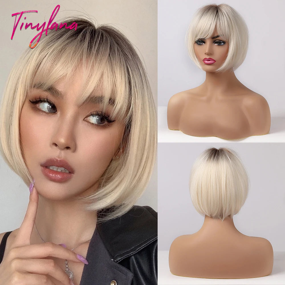 White Blonde Gray Synthetic Wigs with Bangs Short Straight Bob Hair Wig for Women Cosplay Daily Natural Hair Heat Resistant