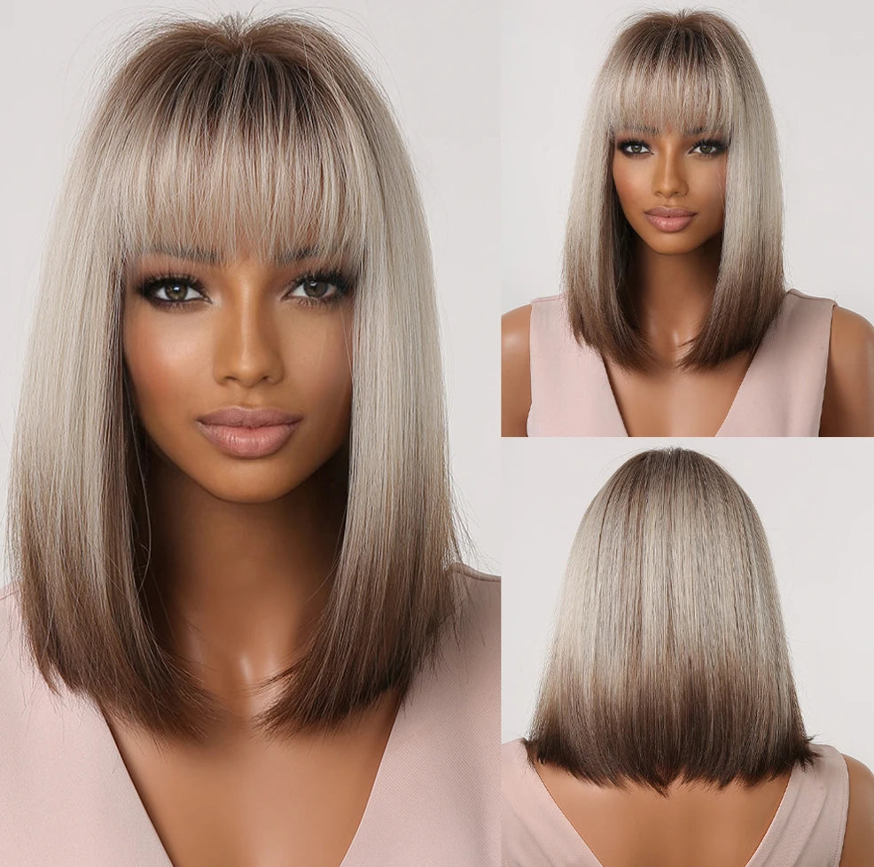 White Blonde Gray Synthetic Wigs with Bangs Short Straight Bob Hair Wig for Women Cosplay Daily Natural Hair Heat Resistant