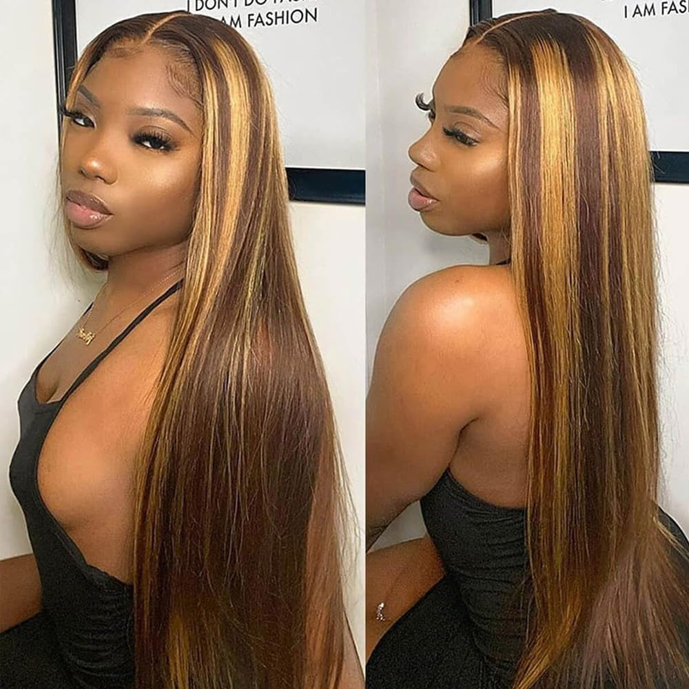 Honey Blonde 13X4 HD Lace Front Wig Human Hair Highlight Straight Lace Frontal Wigs Human Hair Pre Plucked 20 Inch 180 Density Ombre Wigs for Women P4/27 Colored Glueless Wig with Baby Hair