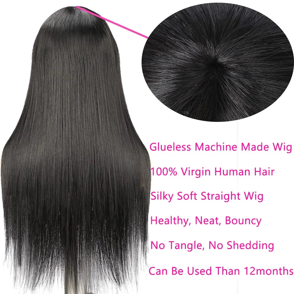 Silky Bone Straight Human Hair Wigs with Bangs None Lace Front Wigs for Women 180% Density Unprocessed Brazilian Virgin Human Hair Wigs Machine Made Glueless Wigs 16Inch