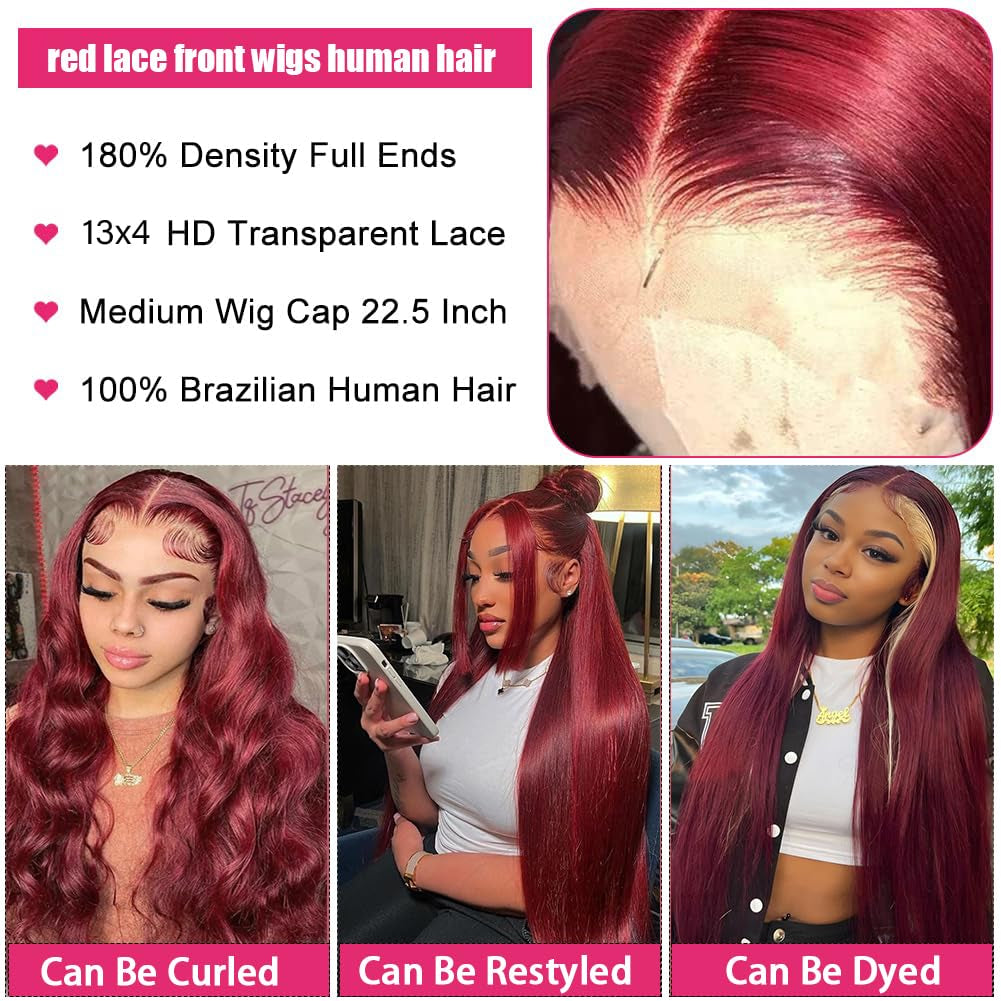 99J Lace Front Wigs Human Hair 180 Density HD Transparent Lace Human Hair Wig 13X4 Straight Human Hair Wigs with Baby Hair Virgin Human Hair Pre Plucked Natural Hairline (20Inch, Burgundy)