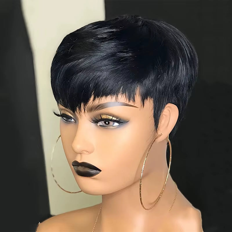 Short Brown Wig Chocolate Brown Human Hair Wigs Short Pixie Cut Wigs with Bangs Cheap Full Machine Brazlian Hair Wigs on Sale