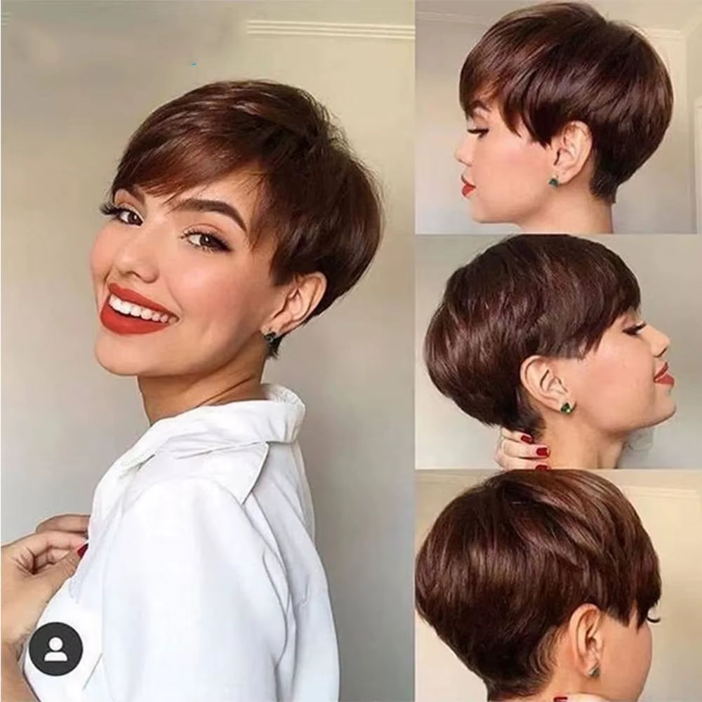 Short Brown Wig Chocolate Brown Human Hair Wigs Short Pixie Cut Wigs with Bangs Cheap Full Machine Brazlian Hair Wigs on Sale