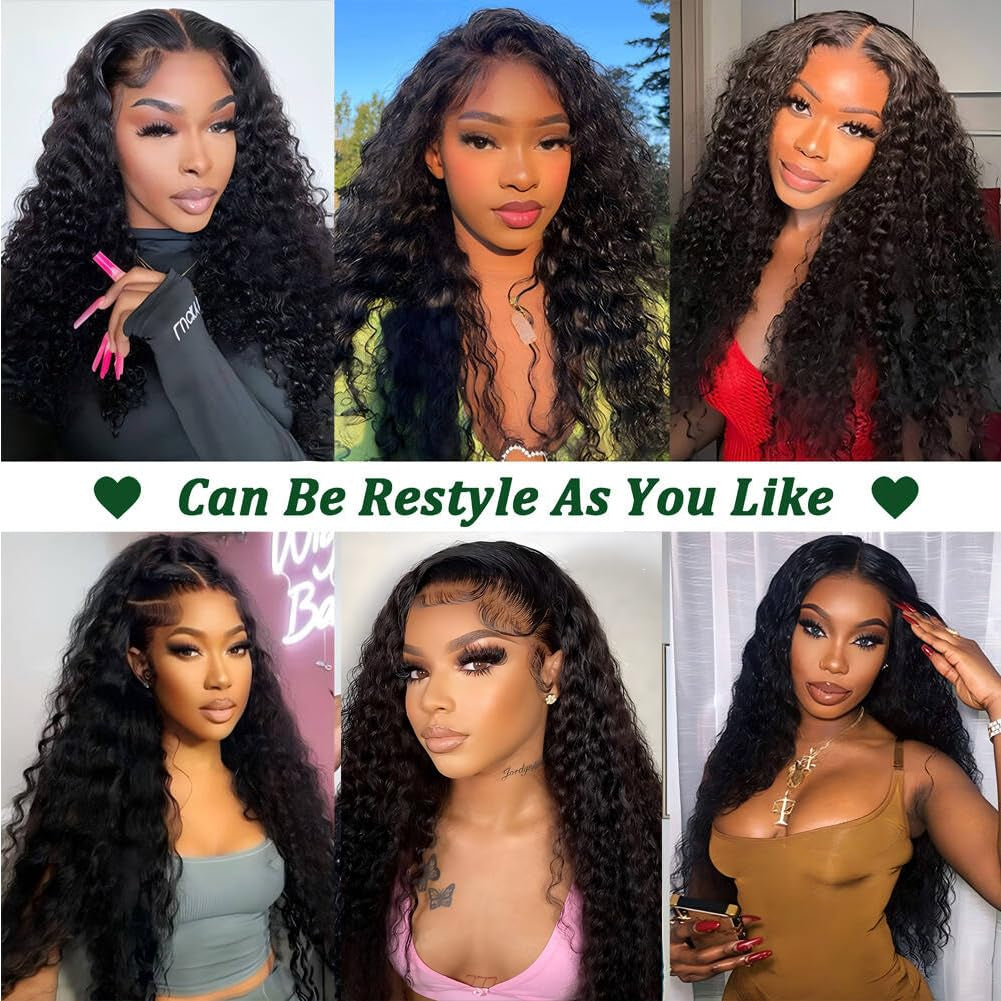 13X6 Deep Wave Lace Front Wigs Human Hair 200% Density 24 Inch Curly Human Hair Wig for Women Natural Black HD Transparent Lace Glueless Frontal Wigs Pre Plucked Natural Color