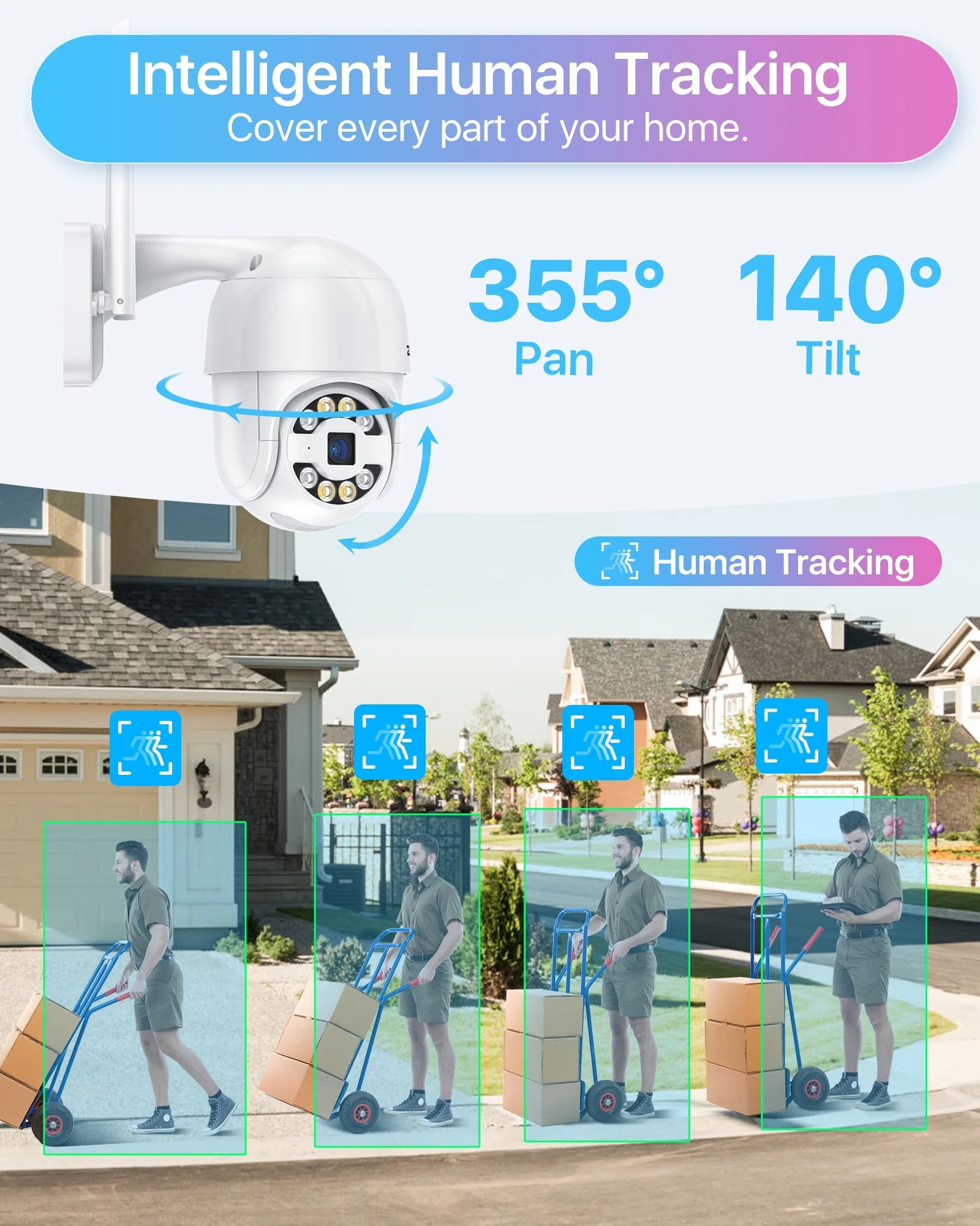 Security Camera Wifi,  3MP PTZ Wifi Security Camera with Audio, 360° View, Spotlight & Siren, Color Night Vision, Outdoor Security Camera