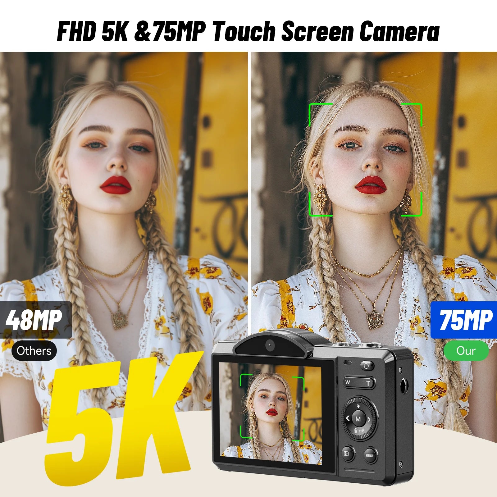Digital Camera 5K 75MP Dual Camera for Youtube 2.8'' Vlogging Cameras 16X Digital Zoom 32GB Card Mini Cameras for Teens Black