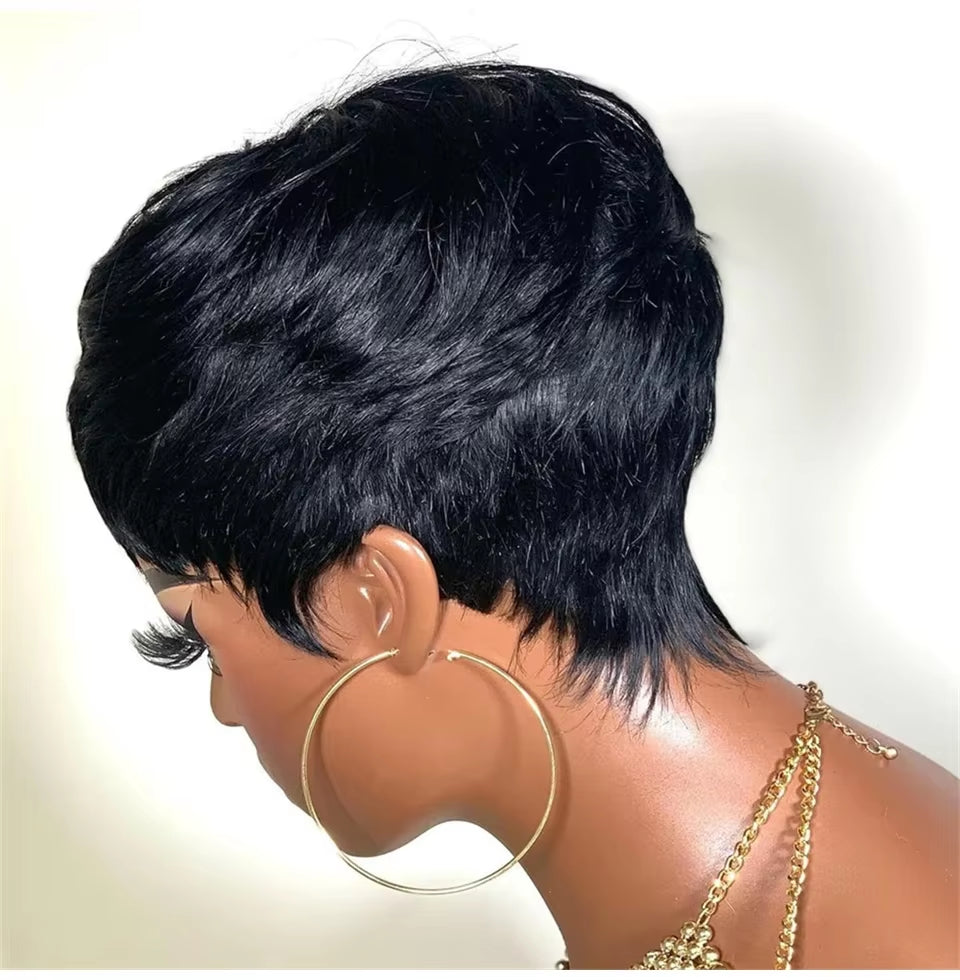 Short Straight Bob Wig Pixie Cut Wig Human Hair for Black Women with Bangs Brazilian Virgin Hair Full Machine Cheap Wig Black