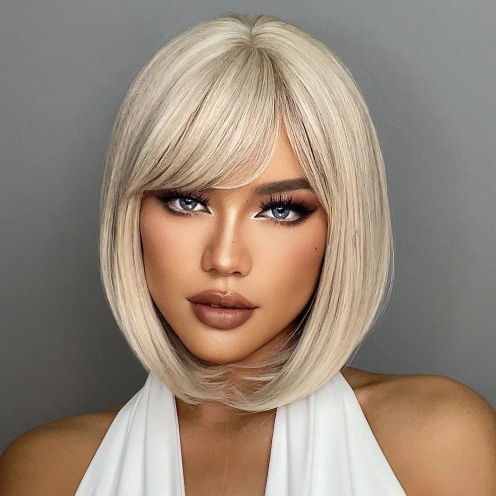 White Blonde Gray Synthetic Wigs with Bangs Short Straight Bob Hair Wig for Women Cosplay Daily Natural Hair Heat Resistant