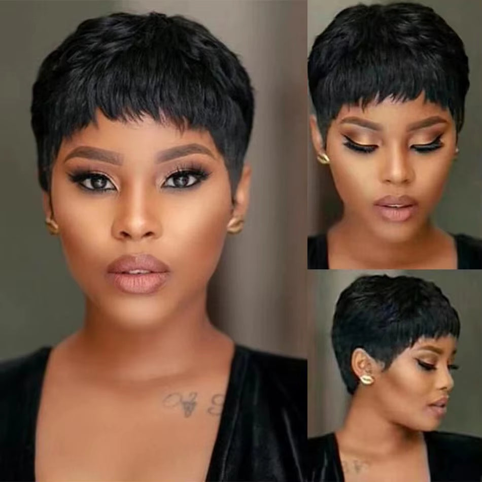 Short Straight Bob Wig Pixie Cut Wig Human Hair for Black Women with Bangs Brazilian Virgin Hair Full Machine Cheap Wig Black