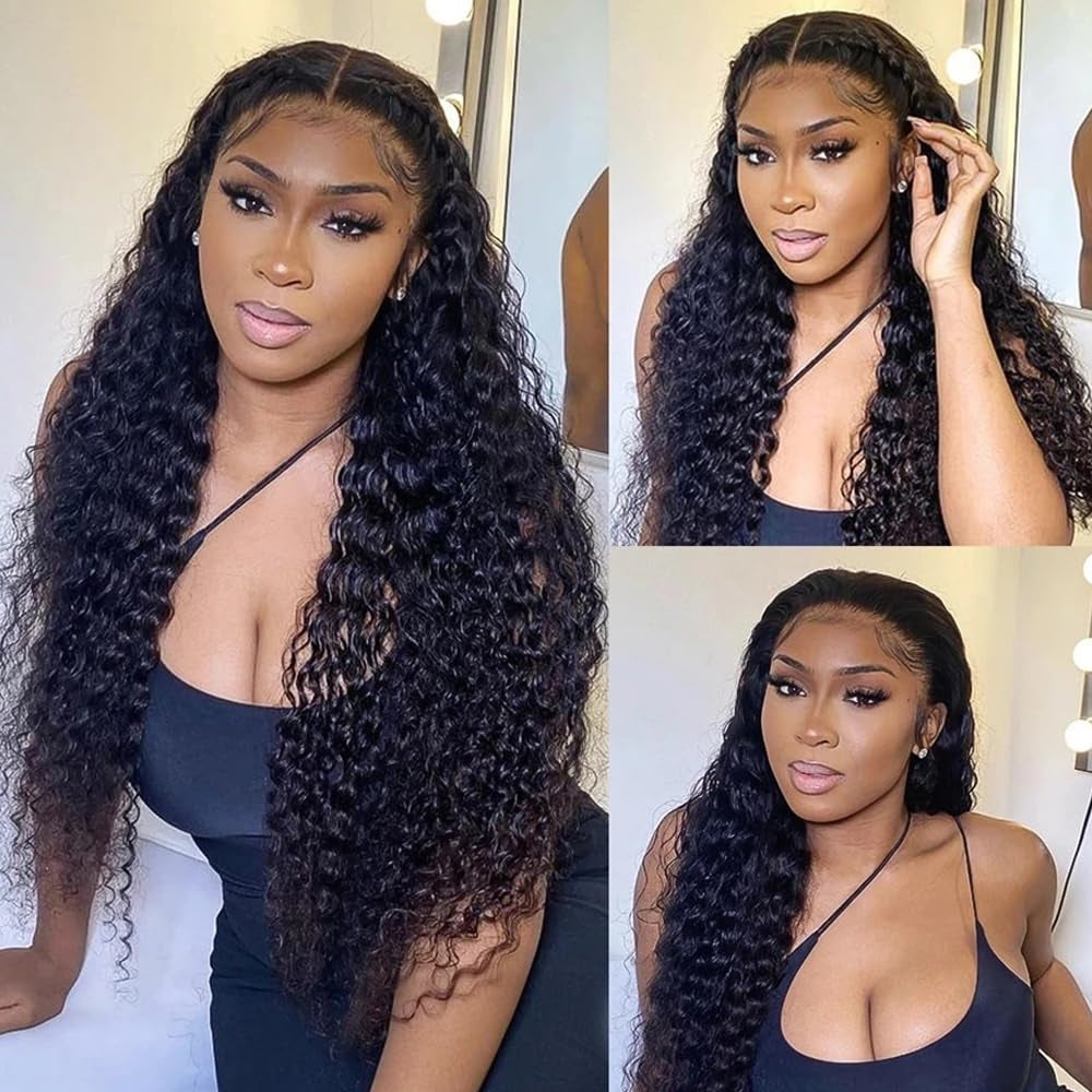 Kinky Curly Lace Front Wigs Human Hair 28 Inch Curly Wigs Human Hair 4X4 Lace Closure Kinky Curly Wigs Bleached Knots Middle Part Natural Black Color Pre Plucked with Natural Hairline